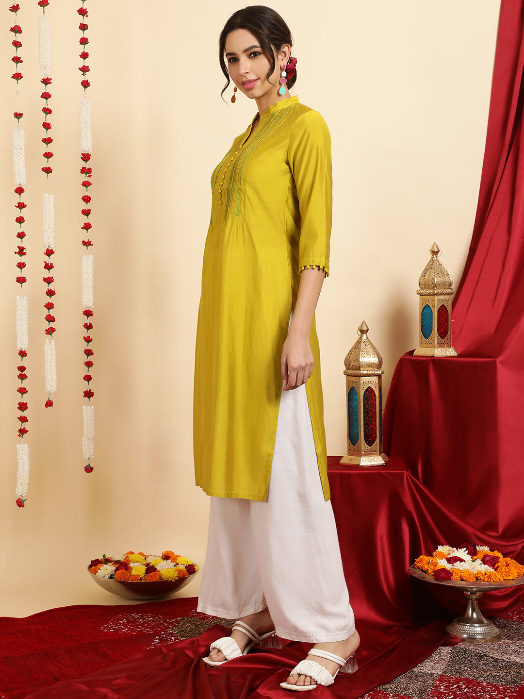 Embroidered Mustard Pintuck Straight Kurta