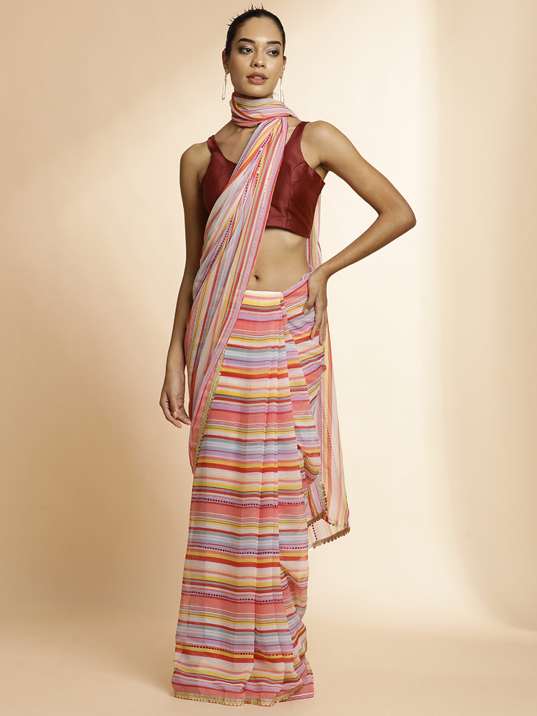 Red Striped Sequin Embellished Festive Multicolor Saree