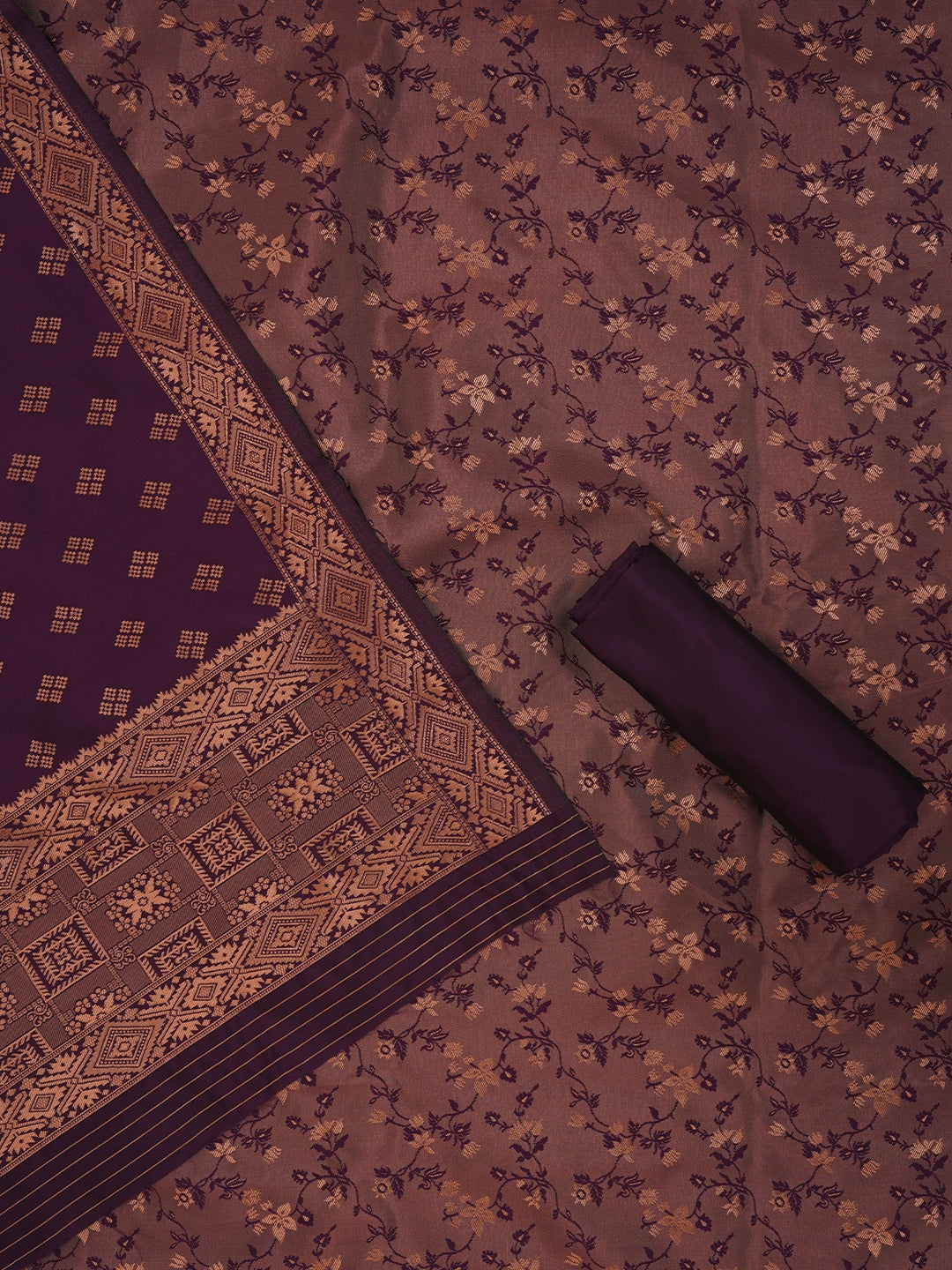 Floral Silk Zari Woven Red Dress Material with Dupatta