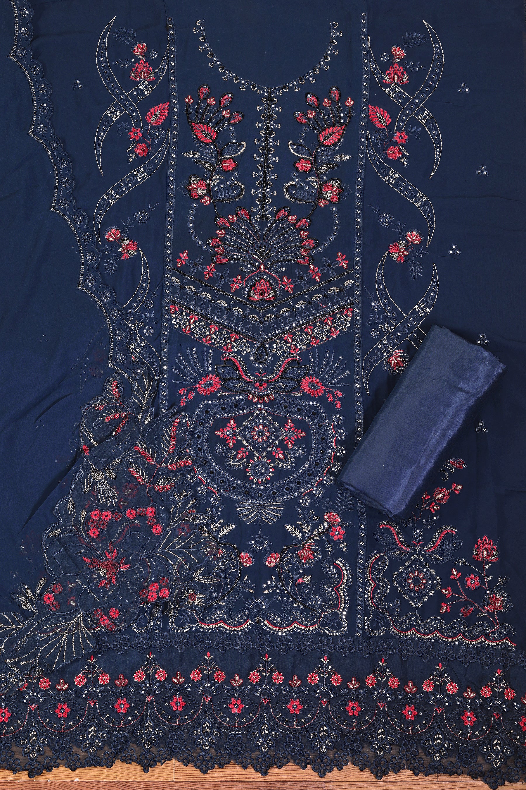 Navy Blue Heavy Embroidered Poly Georgette Dress Material with Dupatta