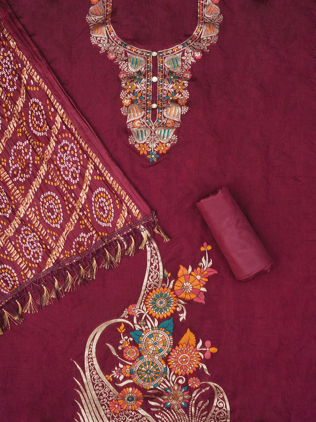 Unstitched Zari Silk Blend Dress Material With Dupatta