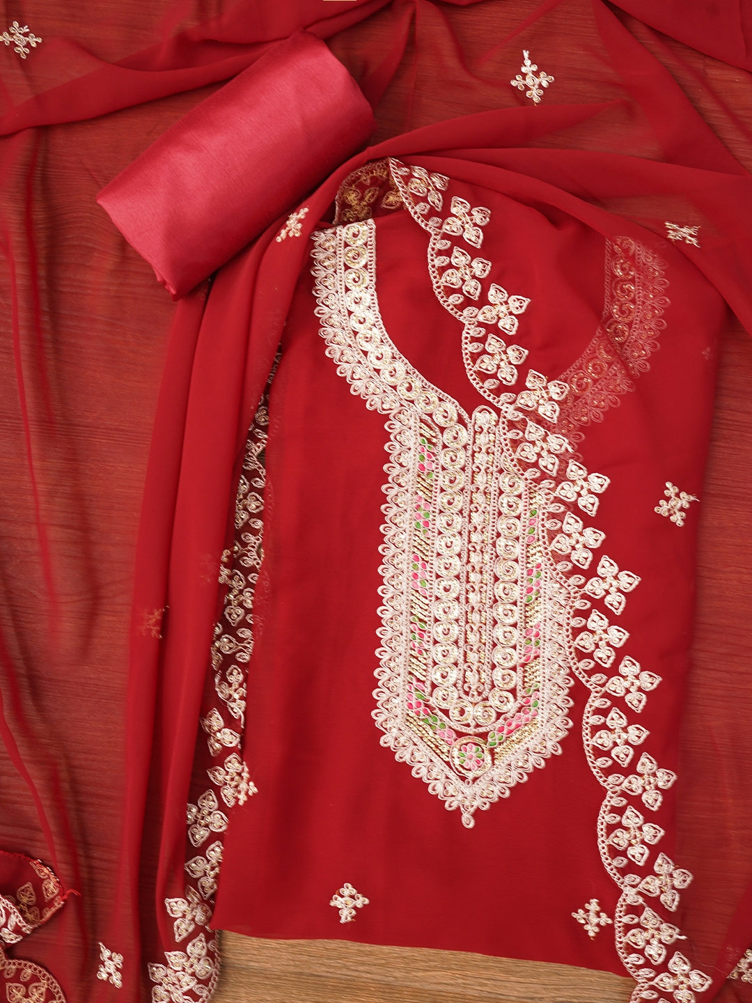 Maroon Zari Embroidered Silk Georgette Dress Material with Dupatta