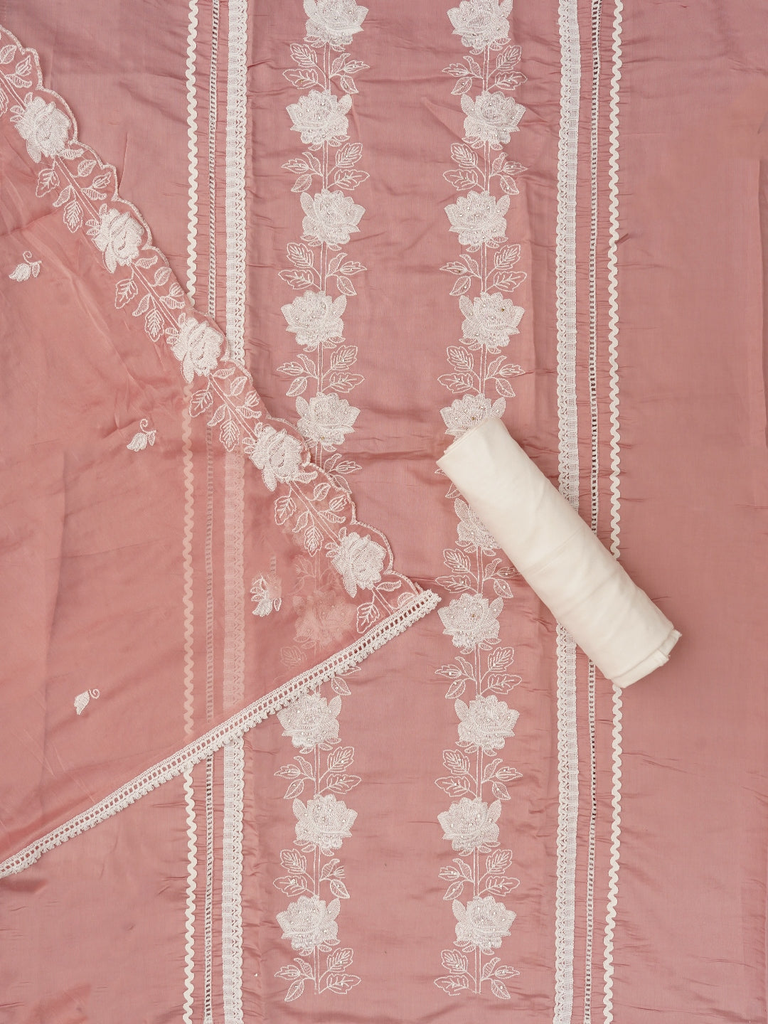 Peach Unstitched Floral Embroidery Silk Blend Dress Material with Dupatta