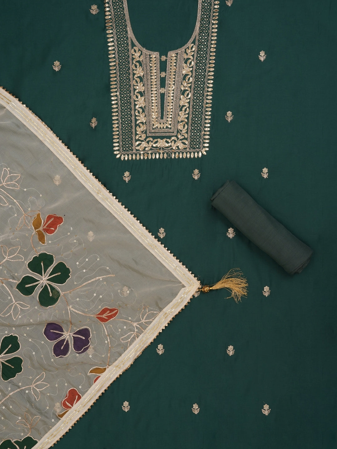 Sea Green Handpainted Embroidered Pure Silk Dress Material with Dupatta