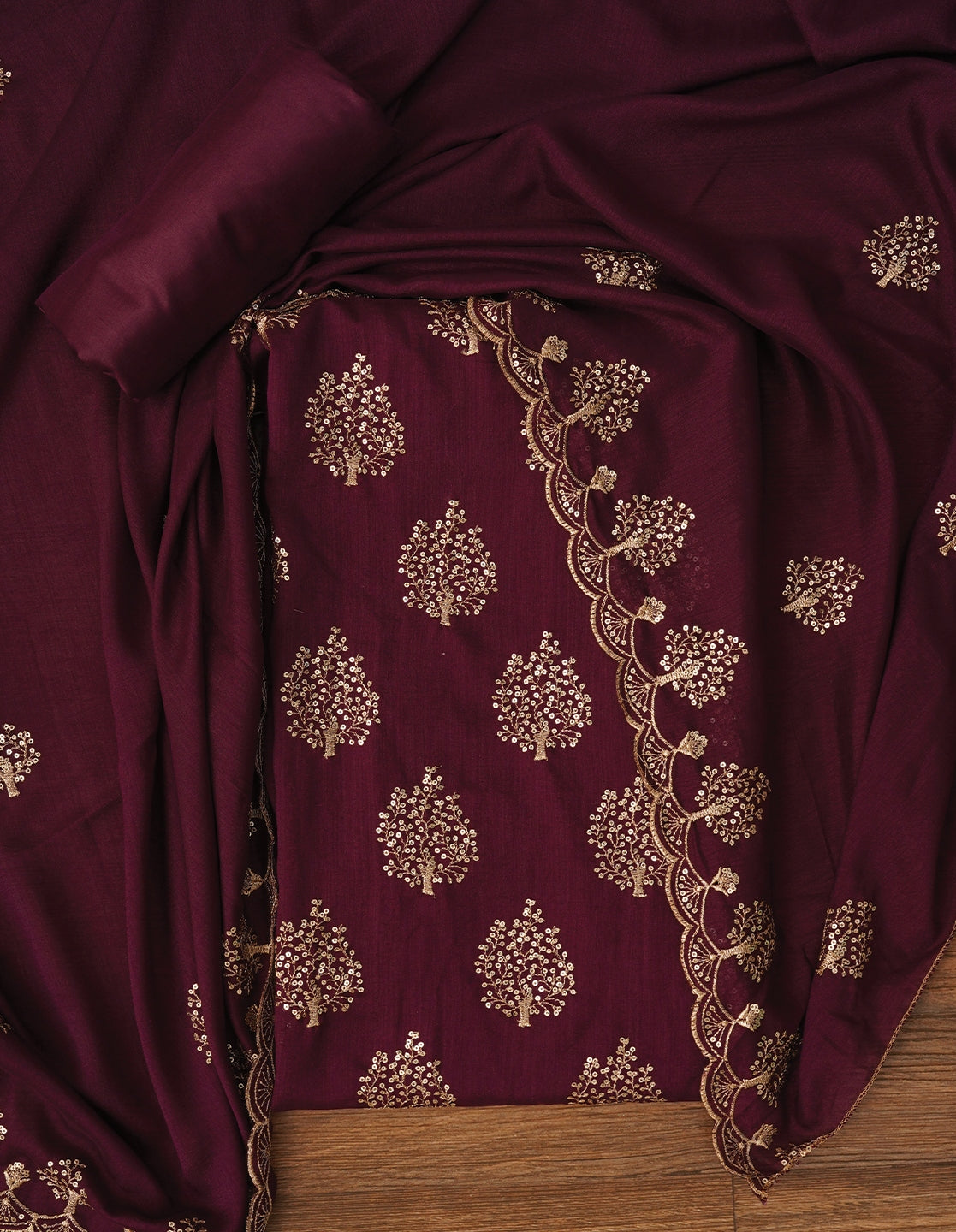 Purple Sequin Work Cotton Blend Dress Material with Dupatta