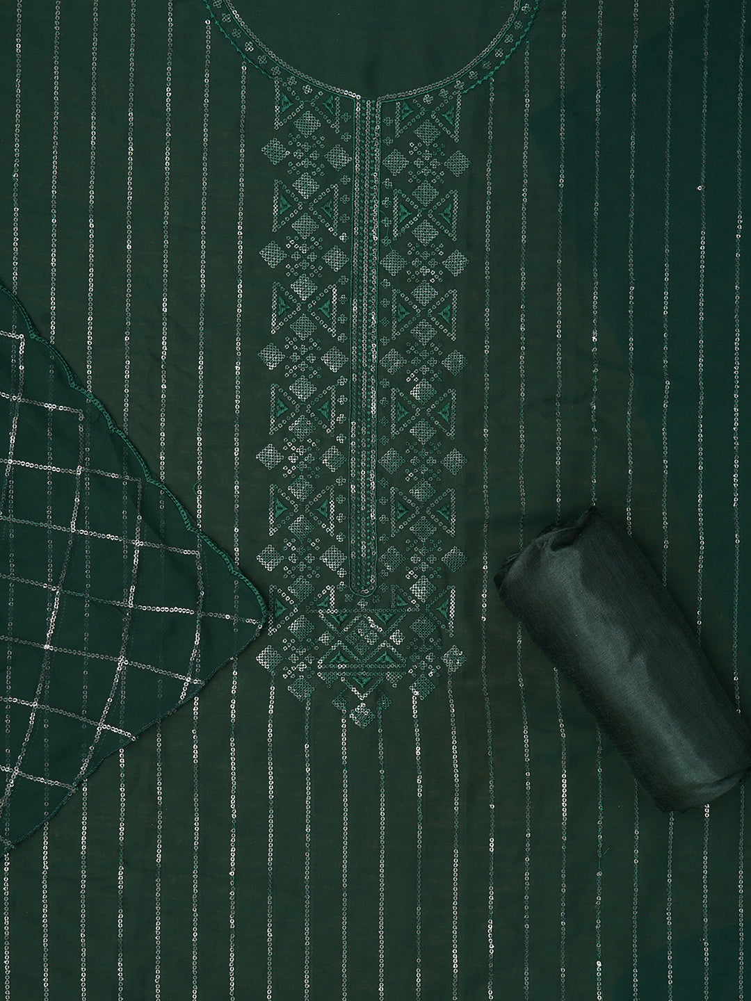 Unstitched Embroidered Green Silk Georgette Dress Material With Dupatta