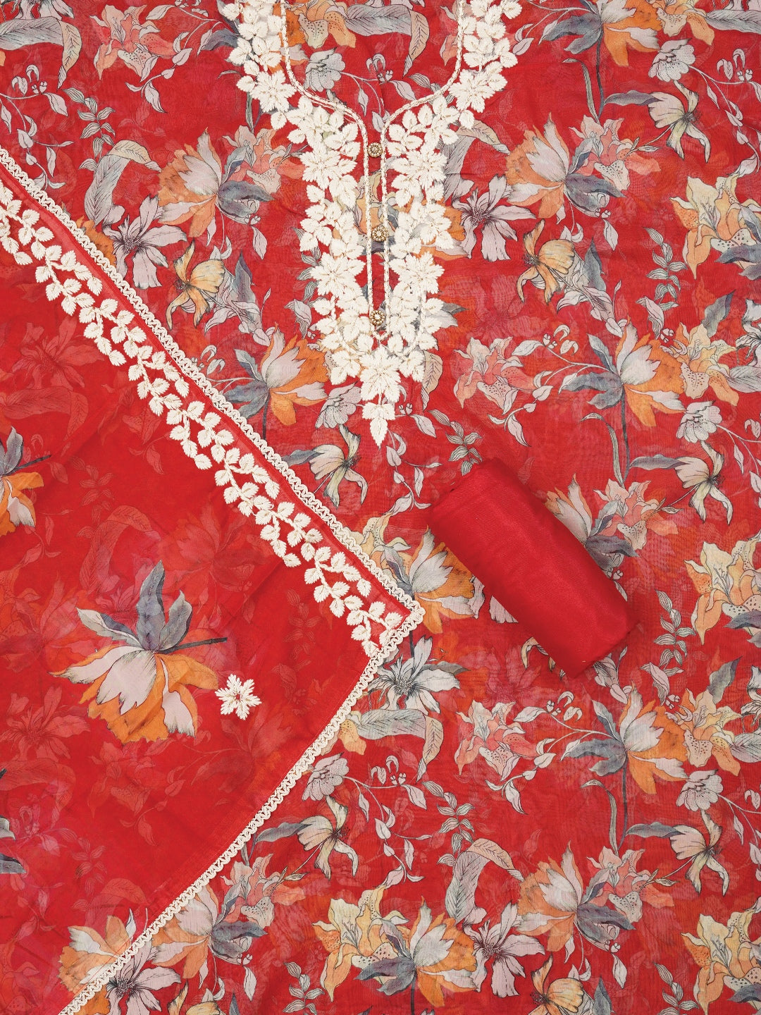 Red Lucknowi Embroidered Organza Dress Material with Dupatta