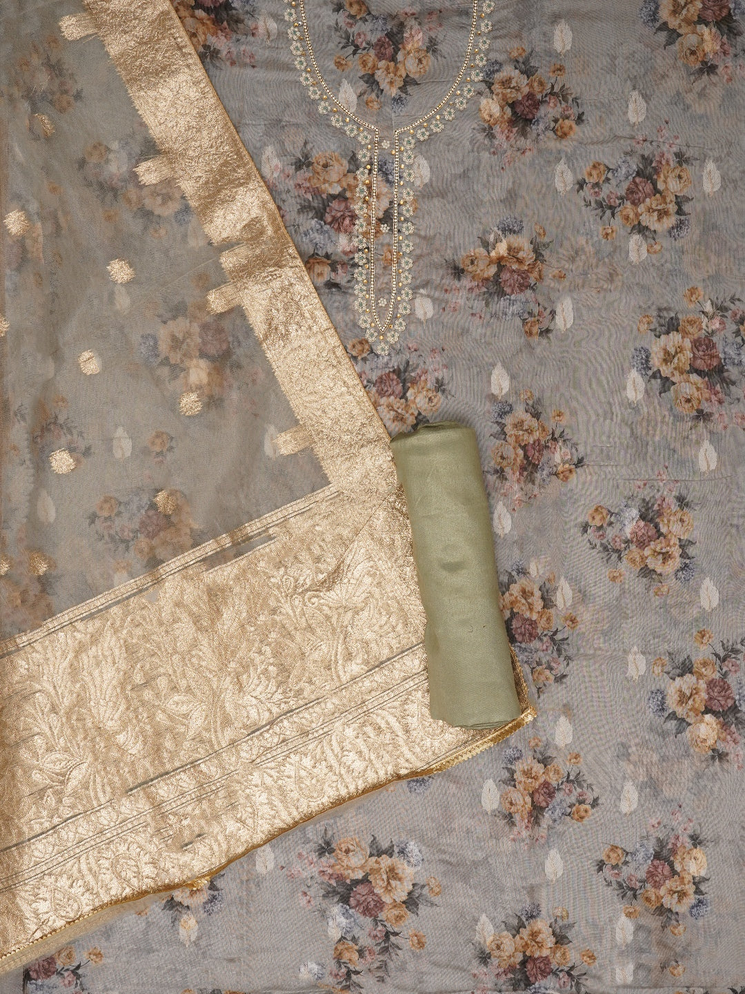 Sea Green Embellished Floral Printed Organza Dress Material with Dupatta