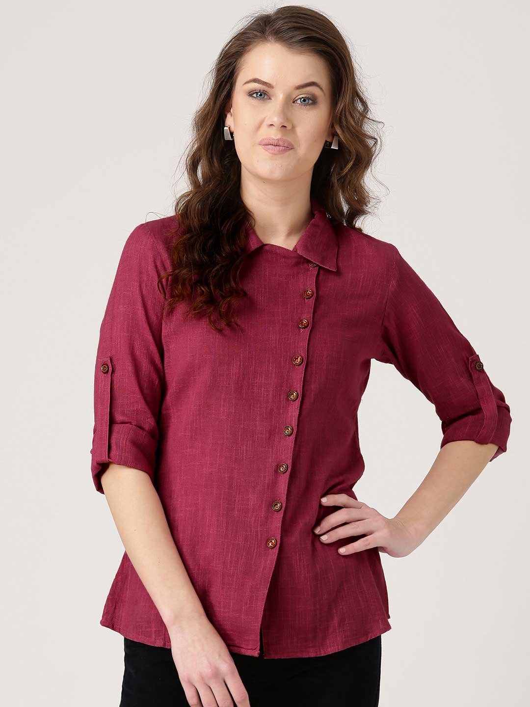 Pink Solid Front Placket Cotton Slub Shirt
