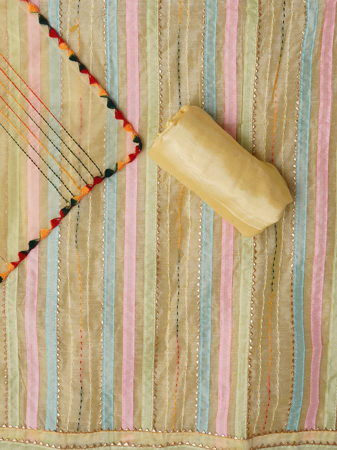 Unstitched Yellow Embroidered Cotton Blend Dress Material With Dupatta