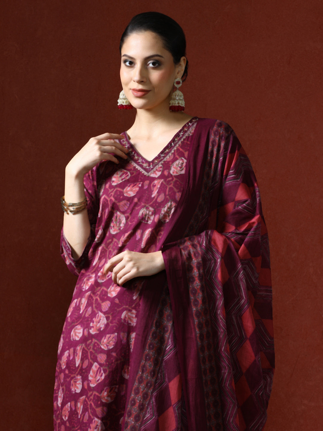 Ethnic Printed Cotton Red Kurta Set With Dupatta