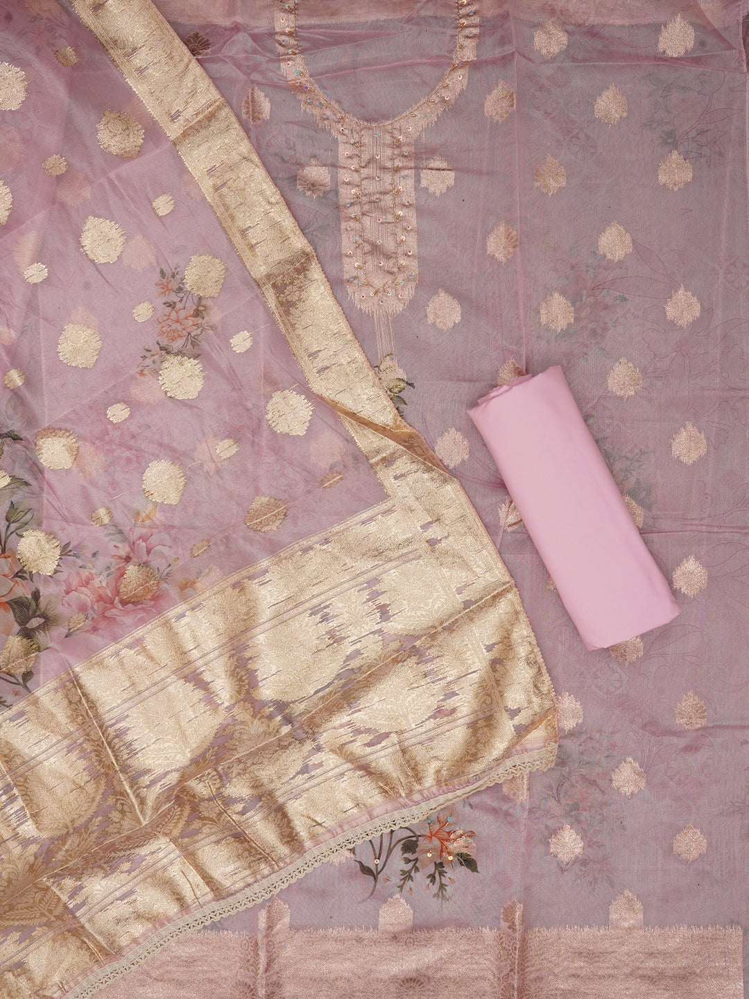 Pink Floral Printed Embellished Organza Dress Material with Dupatta