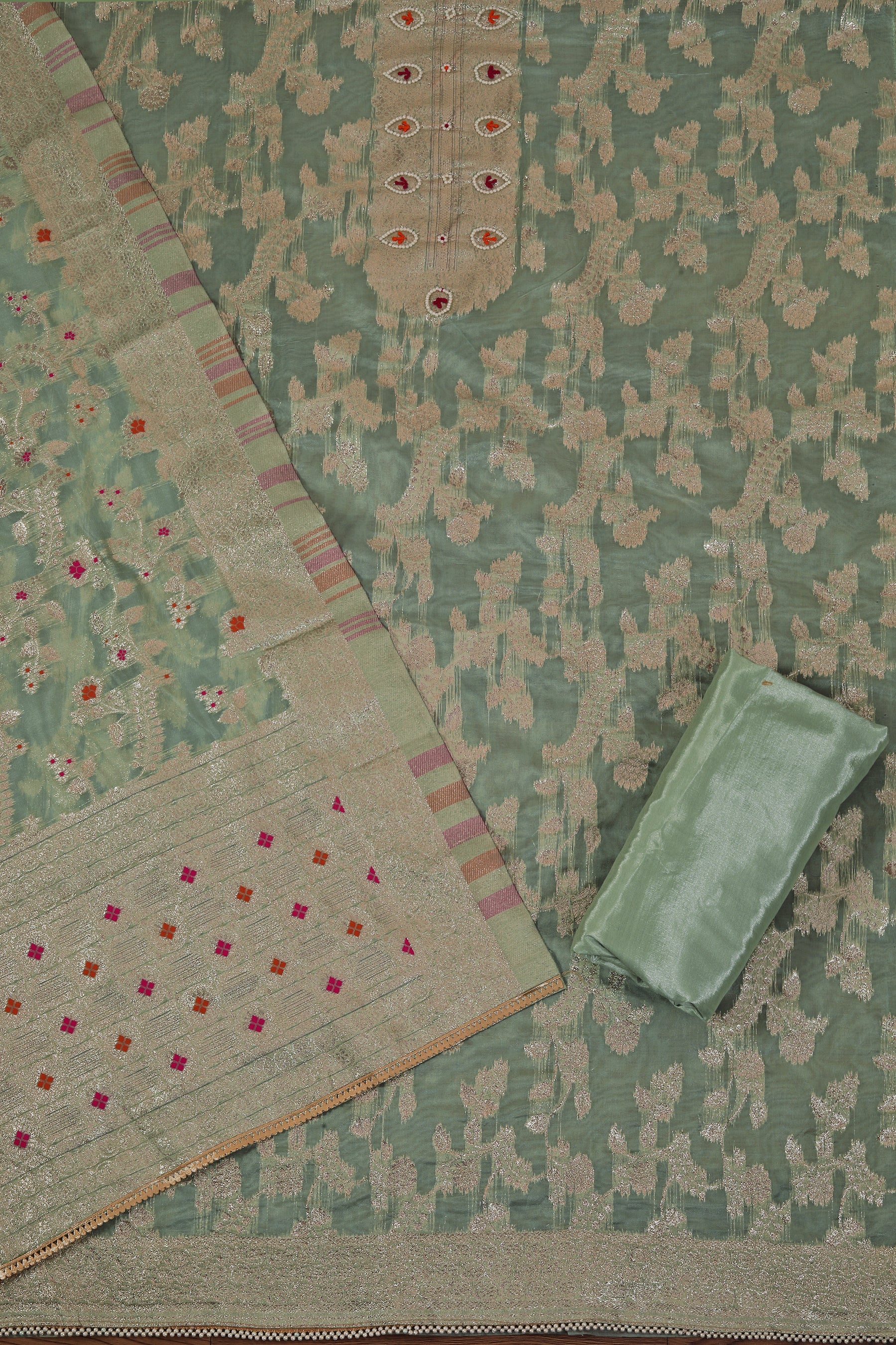 Embellished Zari Woven Dress Material with Dupatta