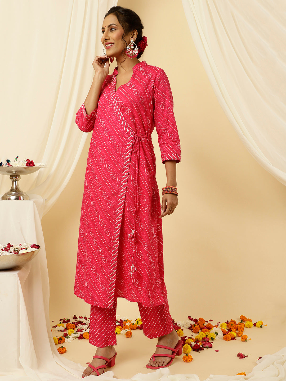 Fuchsia Pink Bandhani Angrakha Kurta With Leheriya Pants And Dupatta