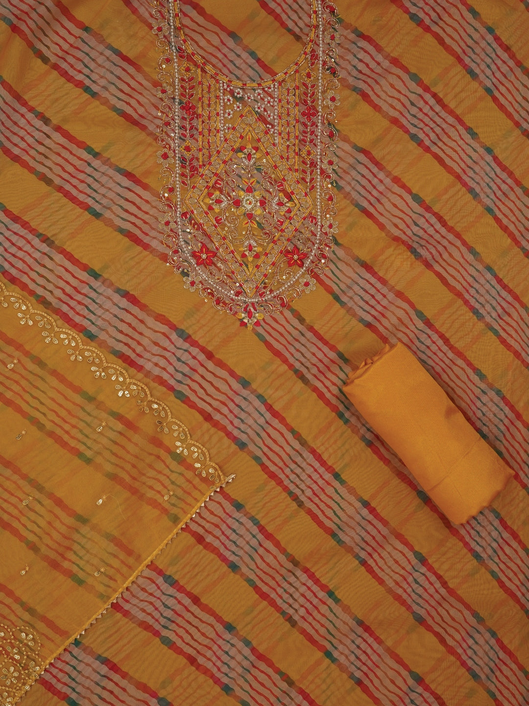 Mustard Leheriya Embroidered Dress Material with Dupatta
