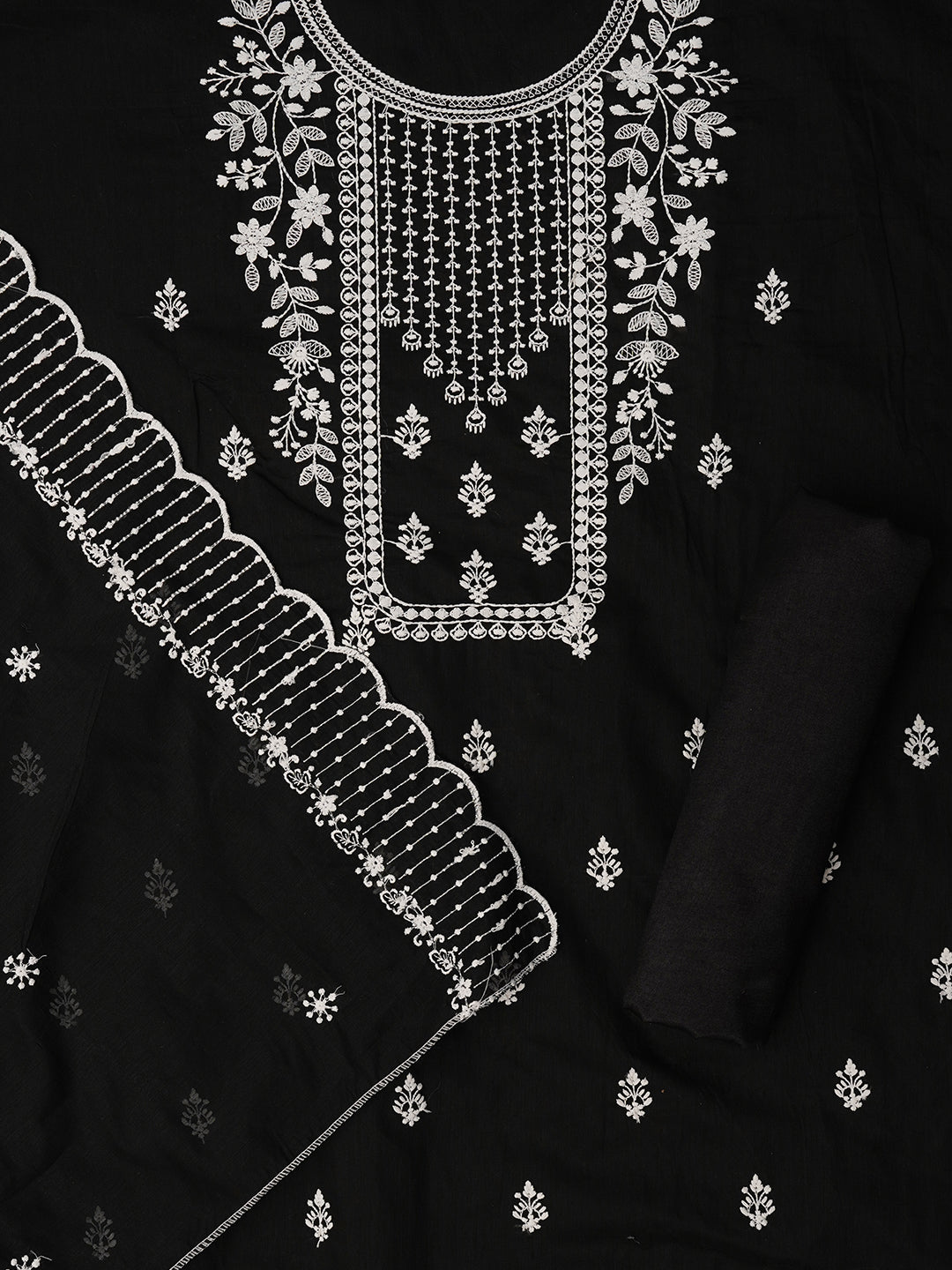 Unstitched Embroidered Cotton Blend Black Dress Material With Dupatta