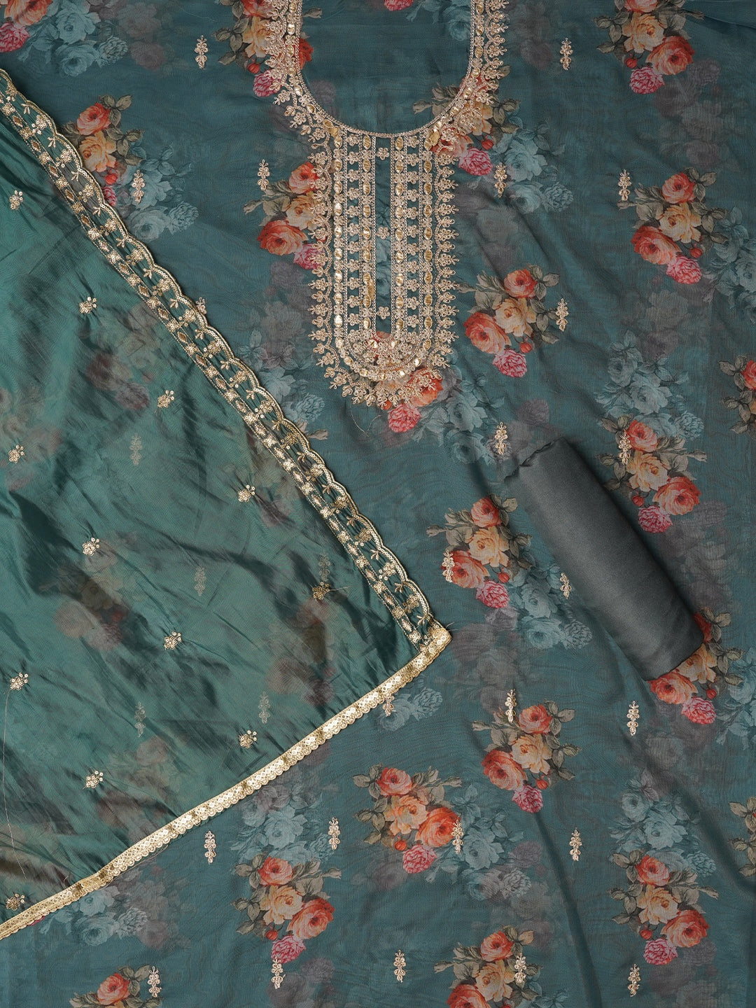 Sea Green Floral Printed Sequin Embroidered Dress Material with Dupatta