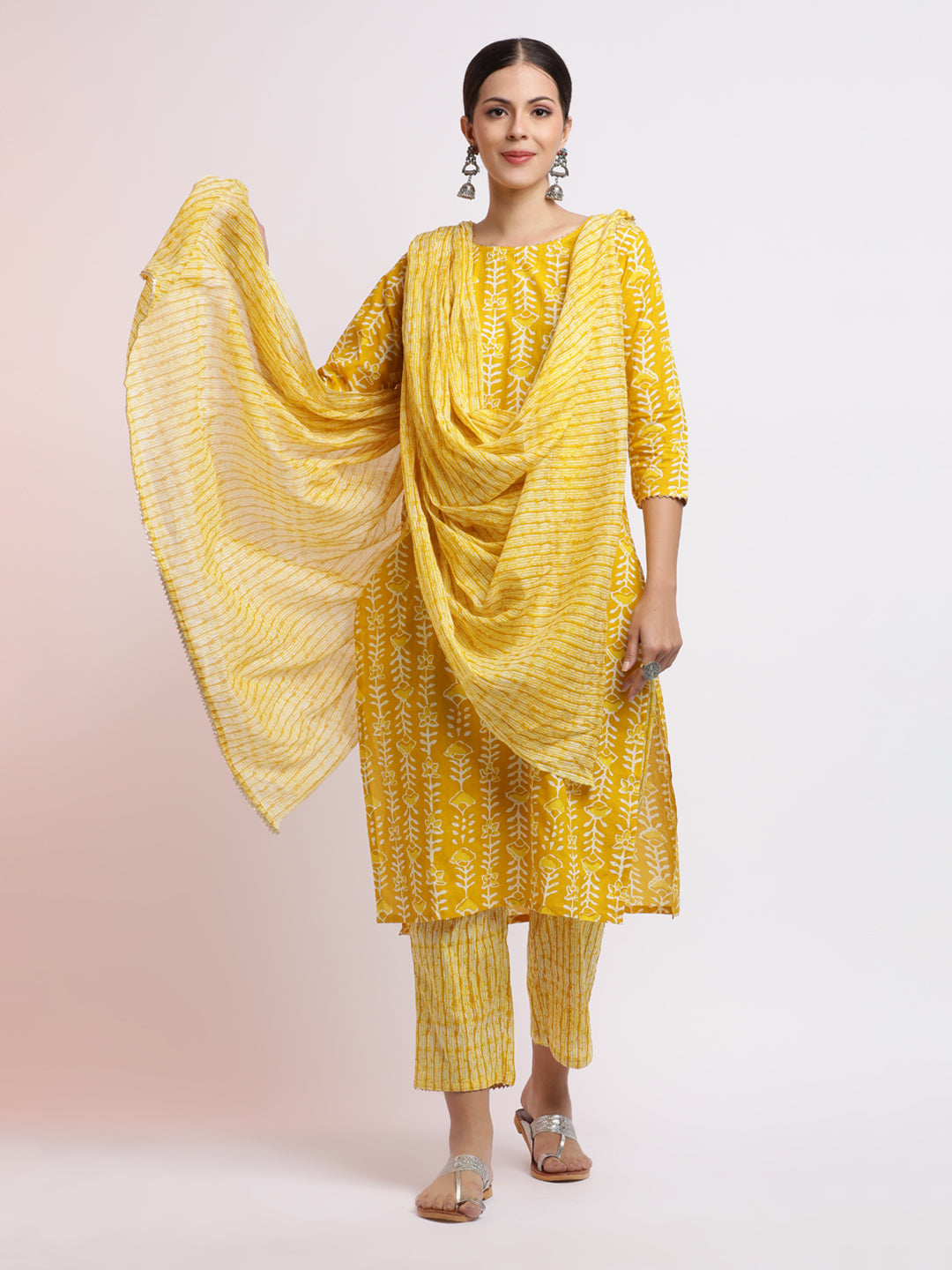 Festive Floral Printed Cotton Kurta Set With Dupatta