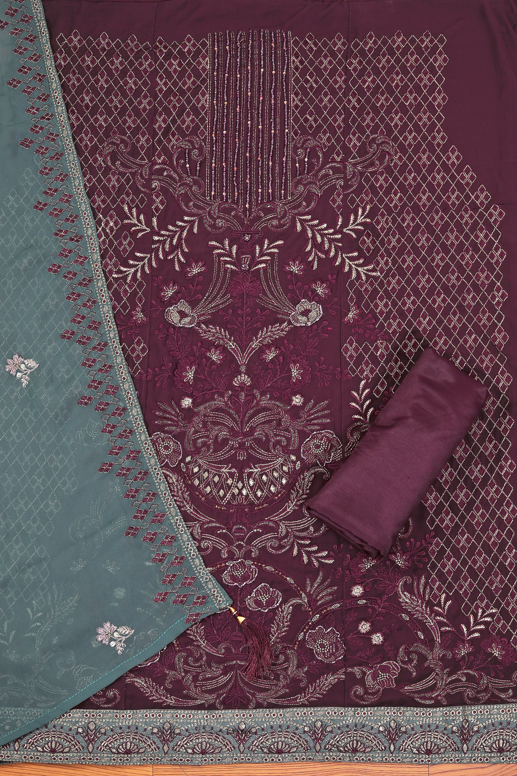 Purple Heavy Embroidered Poly Georgette Dress Material with Dupatta