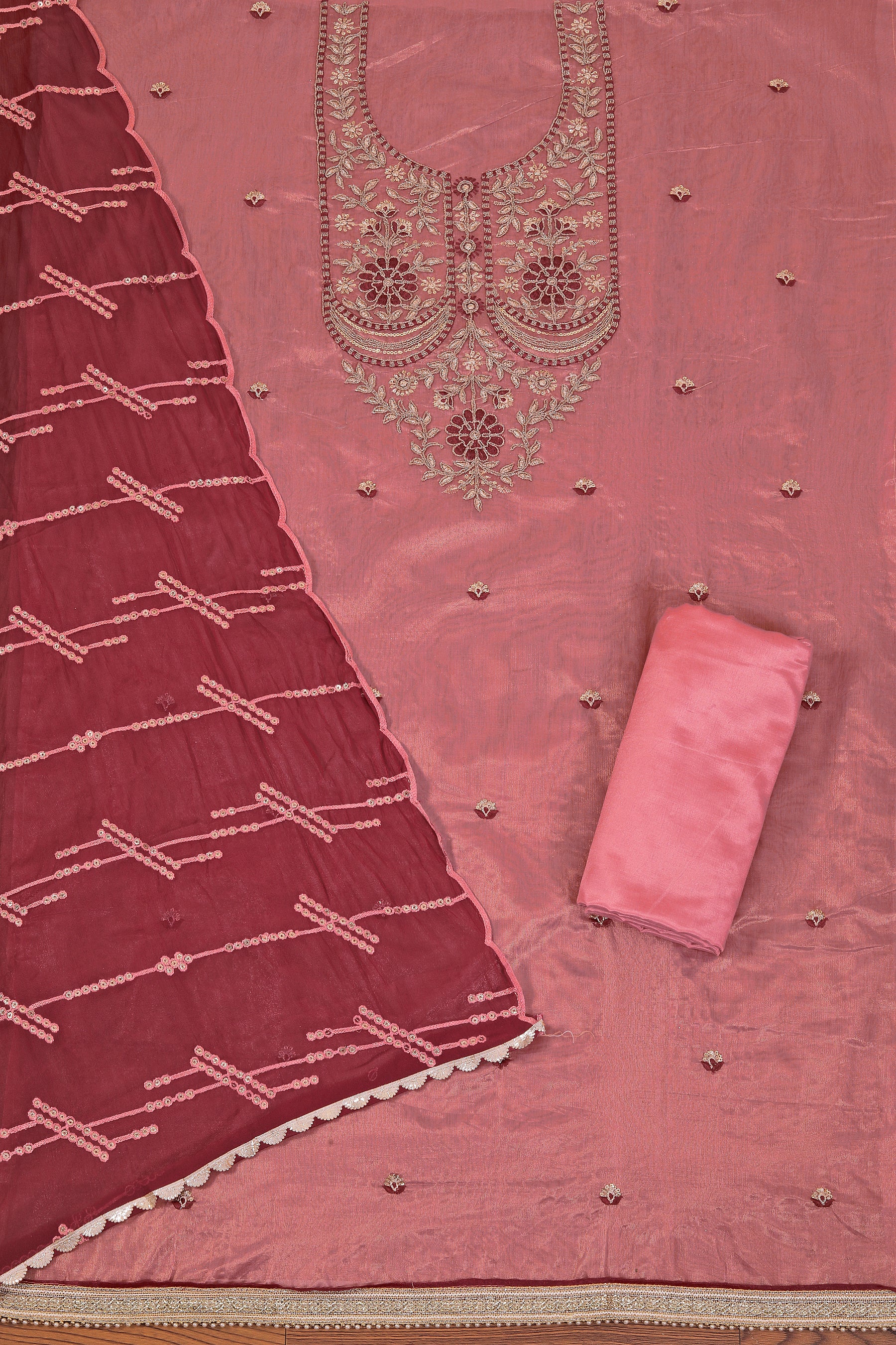 Rani Zari Embroidered Silk Blend Dress Material With Embellished Dupatta