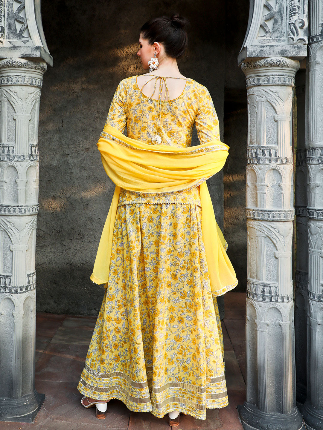 Yellow Floral Print Short Kurta With Skirt And Dupatta