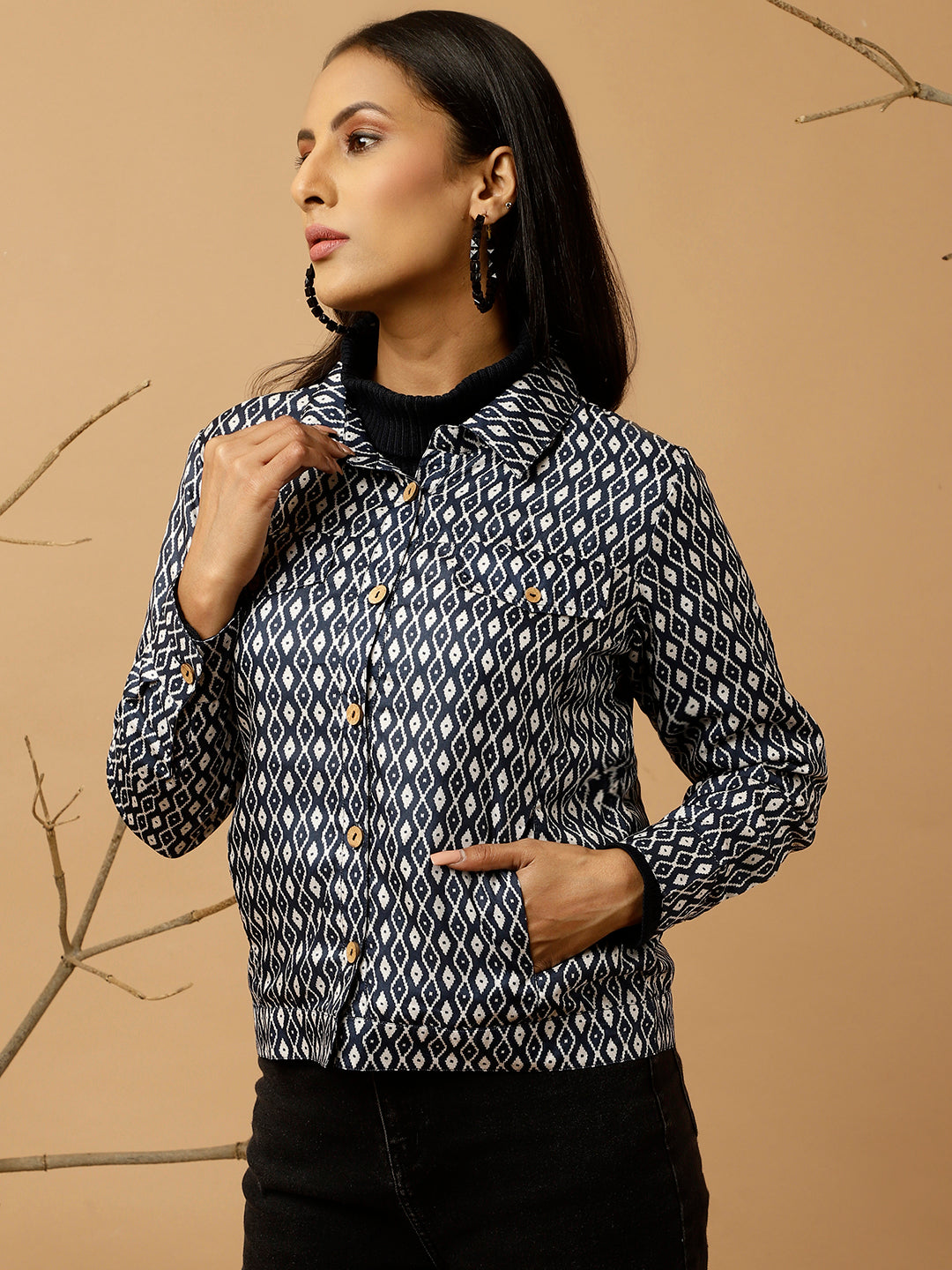 Navy Blue Tussar Silk Geometric Printed Jacket