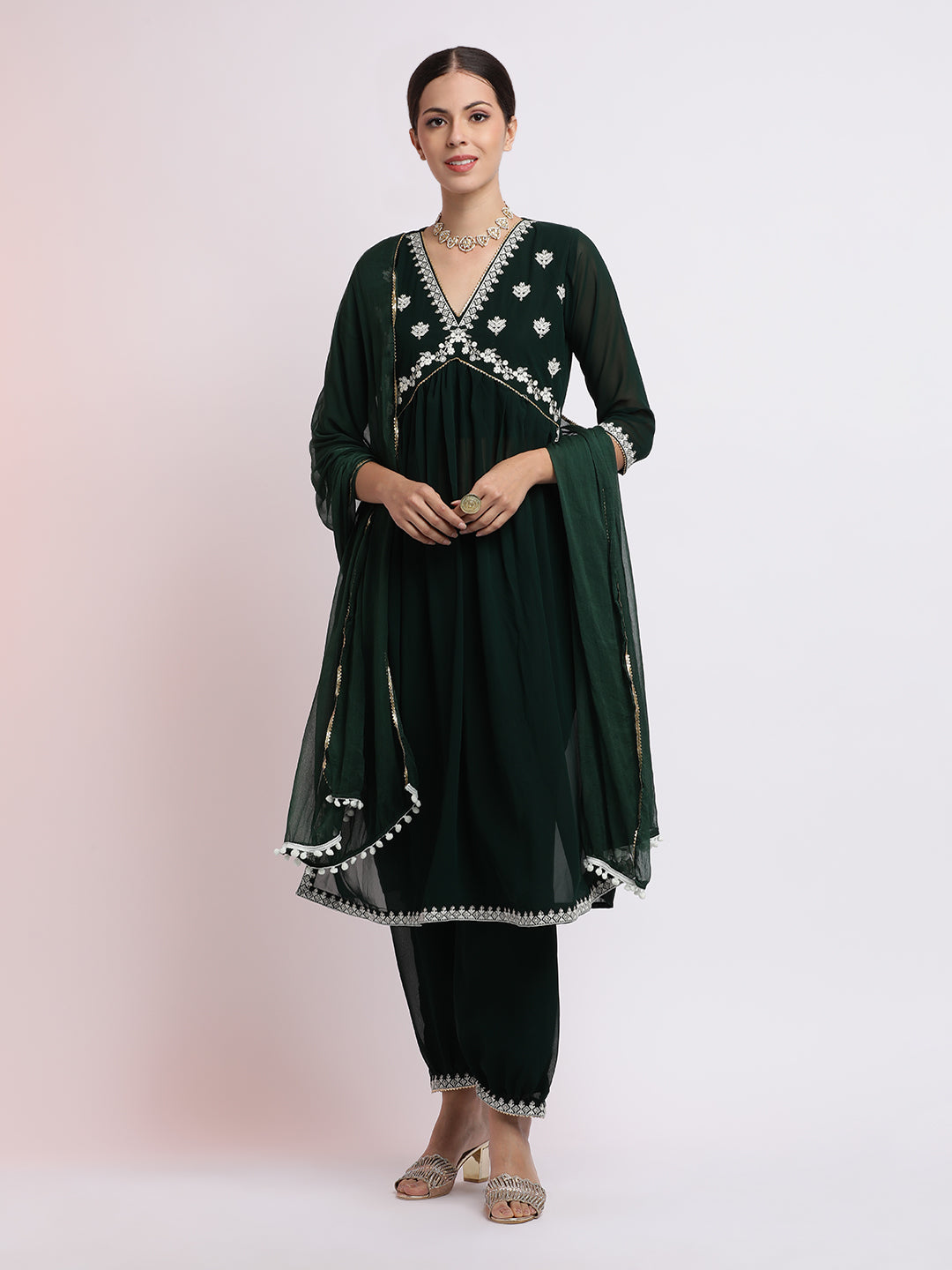 Green Embroidered Georgette Kurta Set With Dupatta