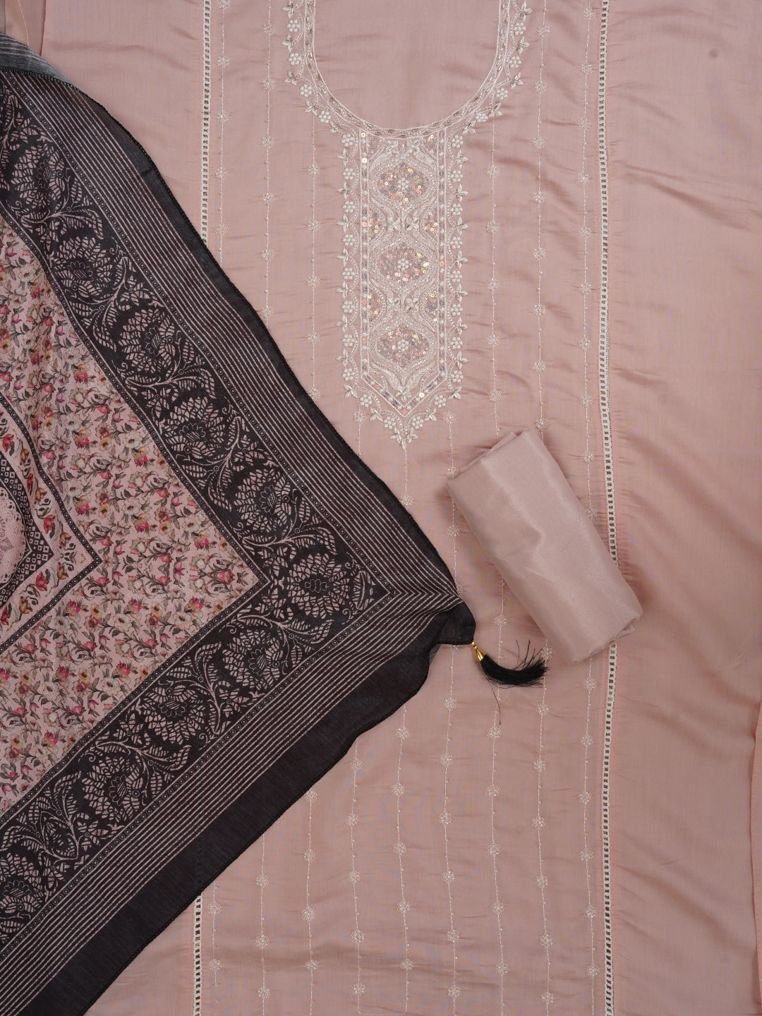 Peach Embellished Pure Silk Dress Material with Dupatta