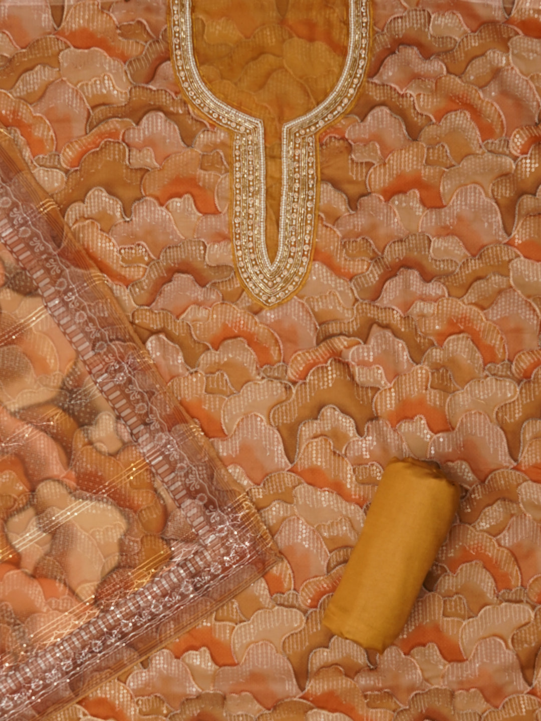 Mustard Unstitched Embroidered Organza Dress Material With Dupatta