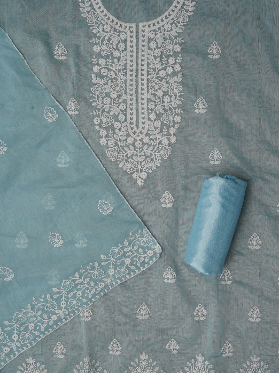 Sky Blue Unstitched Embroidered Cotton Blend Dress Material With Dupatta