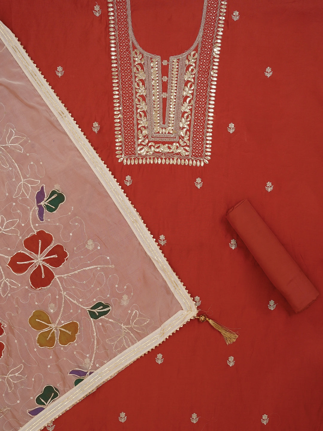 Rust Handpainted Embroidered Pure Silk Dress Material with Dupatta