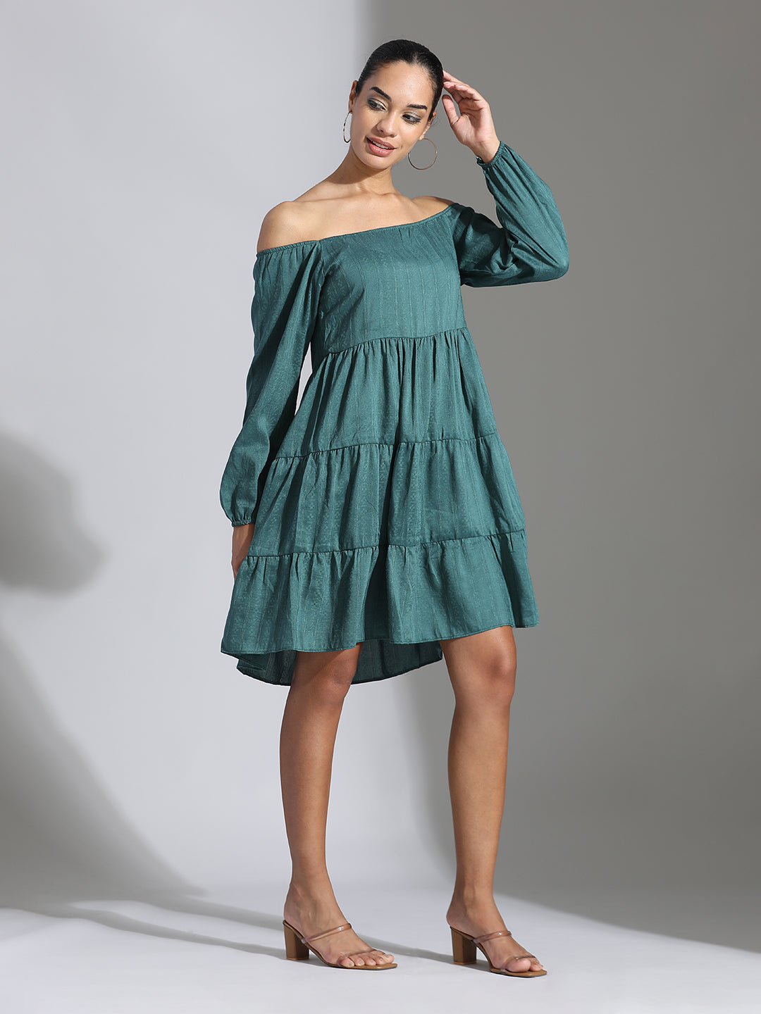Teal Party Wear Tiered Flared Dress