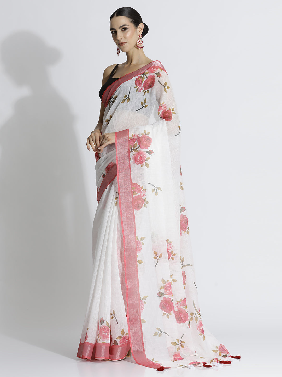 White Floral Printed Daily Wear Pure Linen Saree