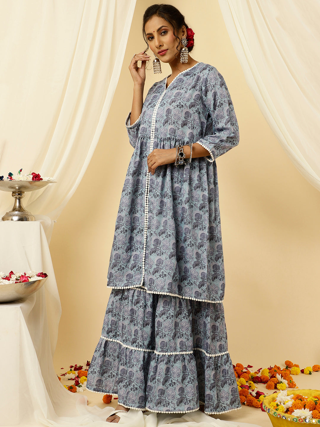 Blue Floral Print Flared Kurta With Sharara