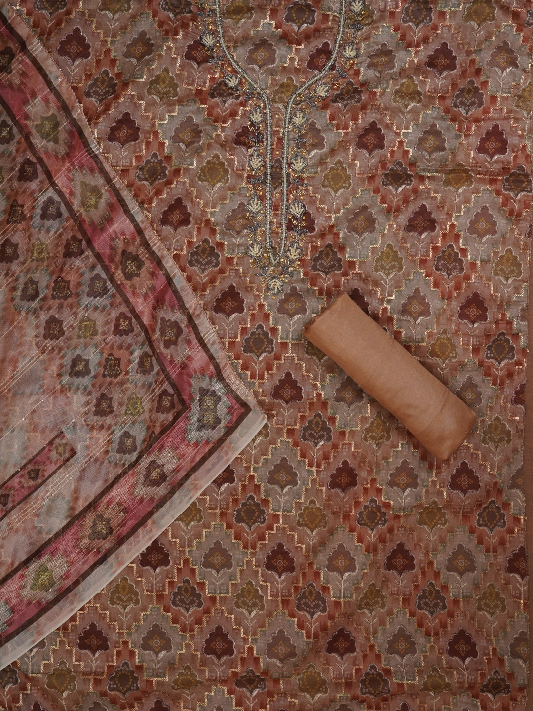 Rust Ethnic Sequin Embroidered Organza Dress Material with Dupatta