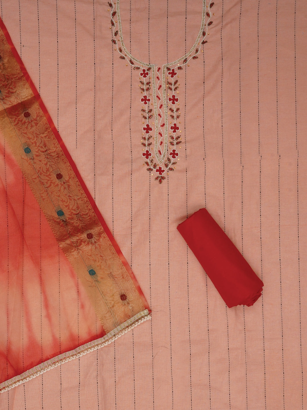 Peach Cotton Woven Design Embellished Dress Material with Dupatta