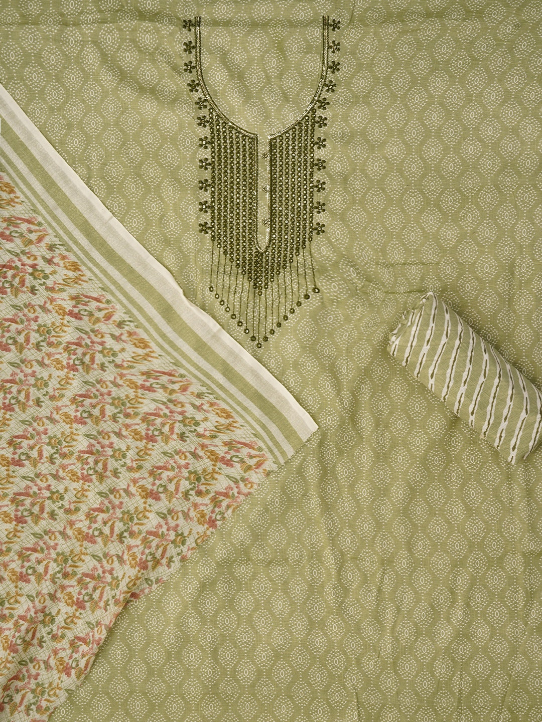 Green Embroidered Cotton Blend Dress Material with Dupatta