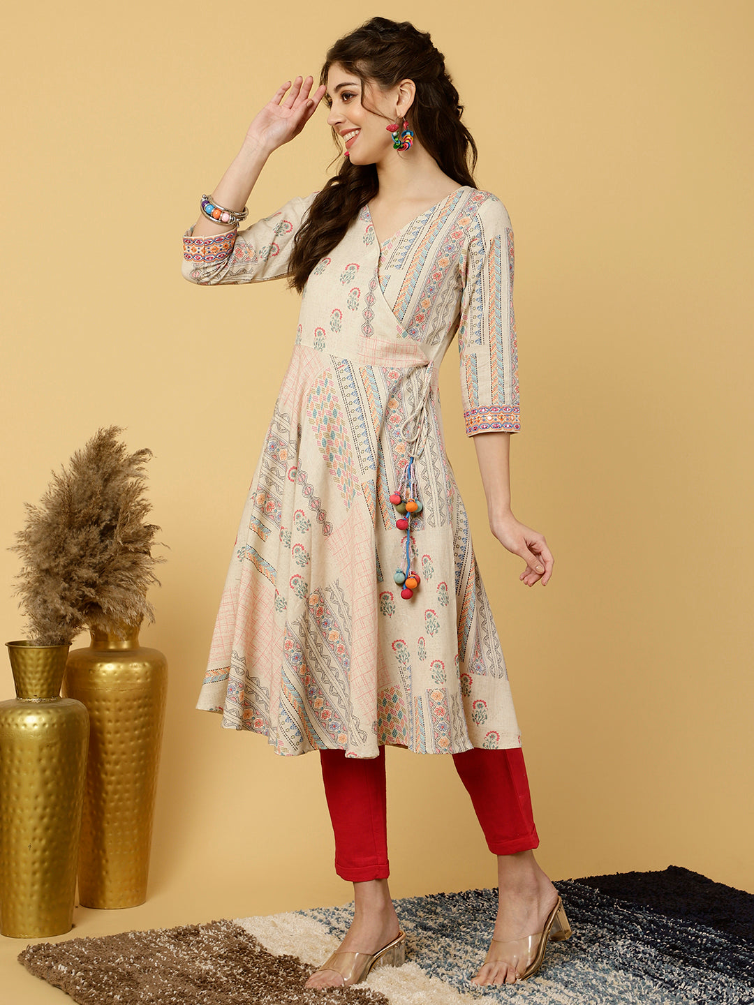 Abstract Printed Mirror Work Angrakha Kurta