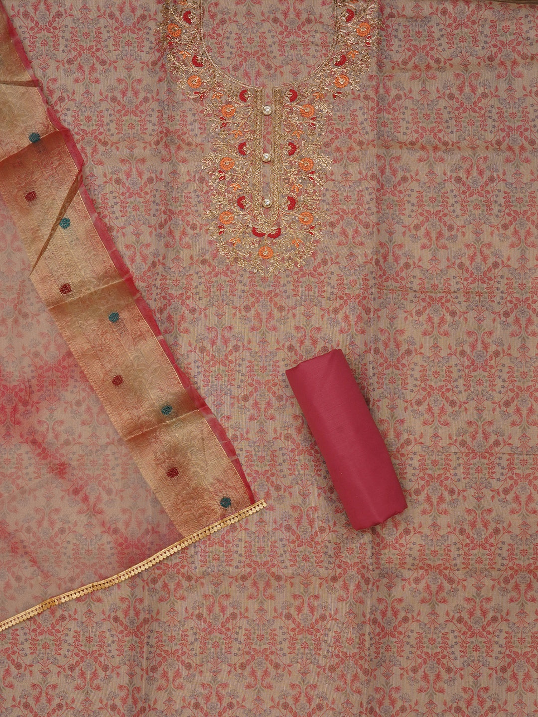 Pink Embellished Organza Dress Material with Dupatta