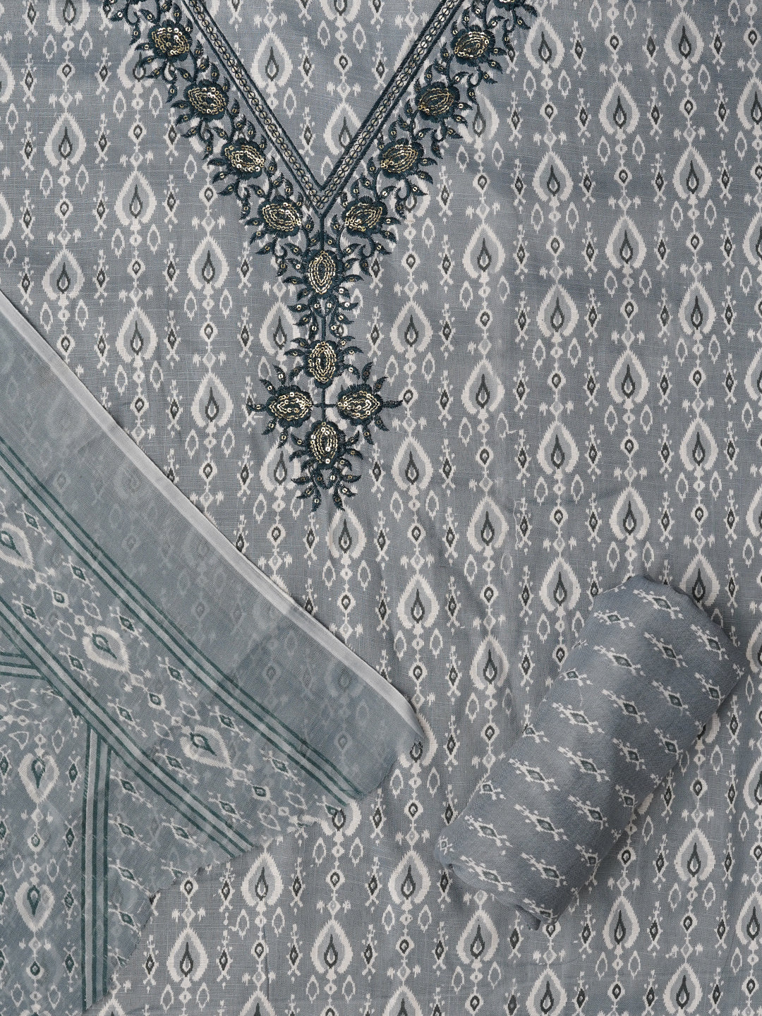 Teal Unstitched Printed Pure Cotton Dress Material With Dupatta