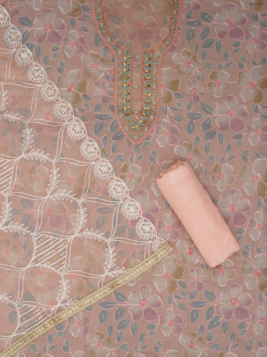 Peach Floral Embroidered Organza Dress Material with Dupatta