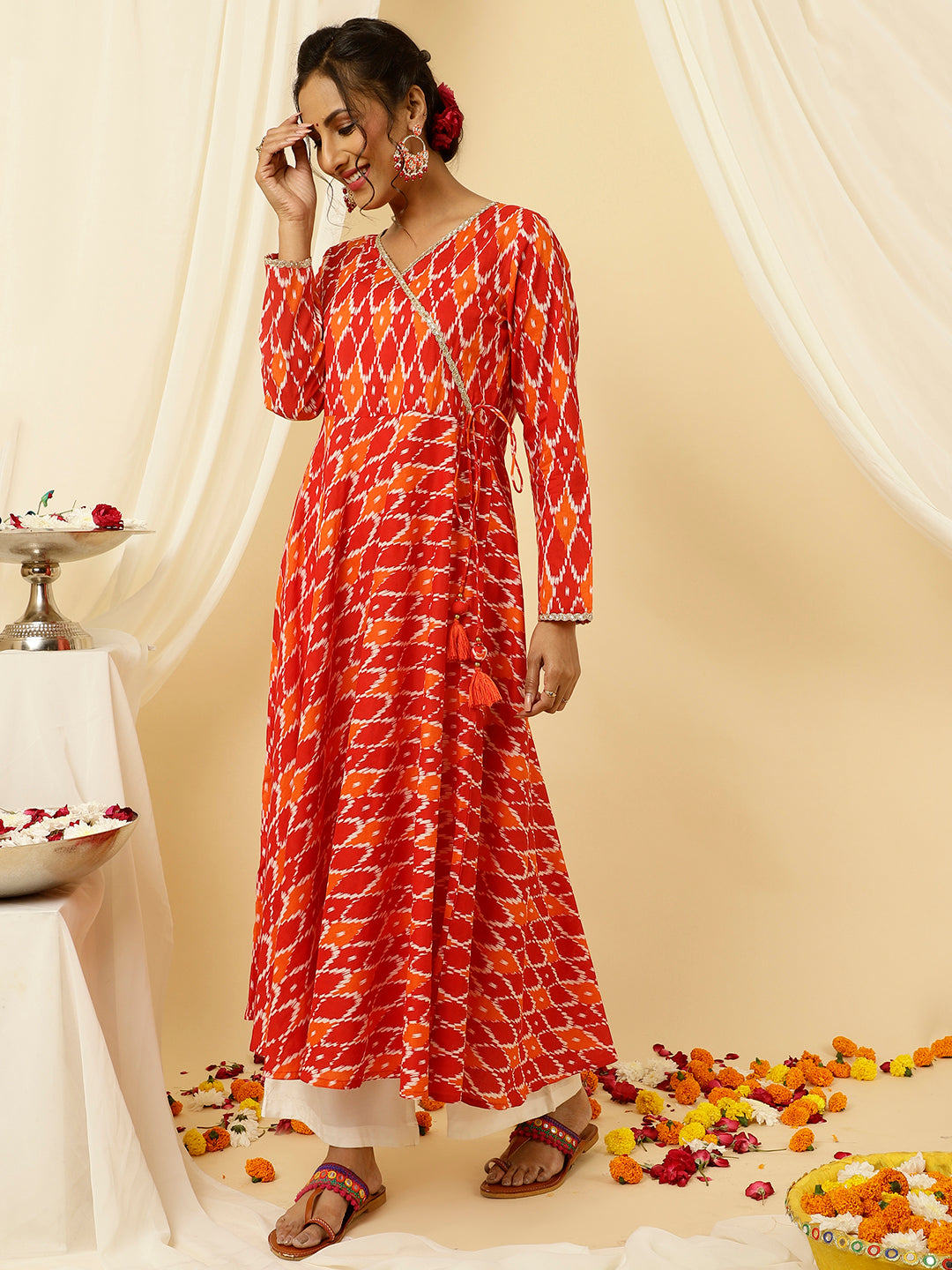 Red Ikat Printed Angrakha Kurta