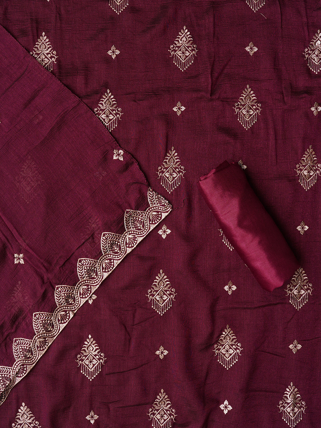 Purple Unstitched Embroidered Silk Blend Dress Material With Dupatta