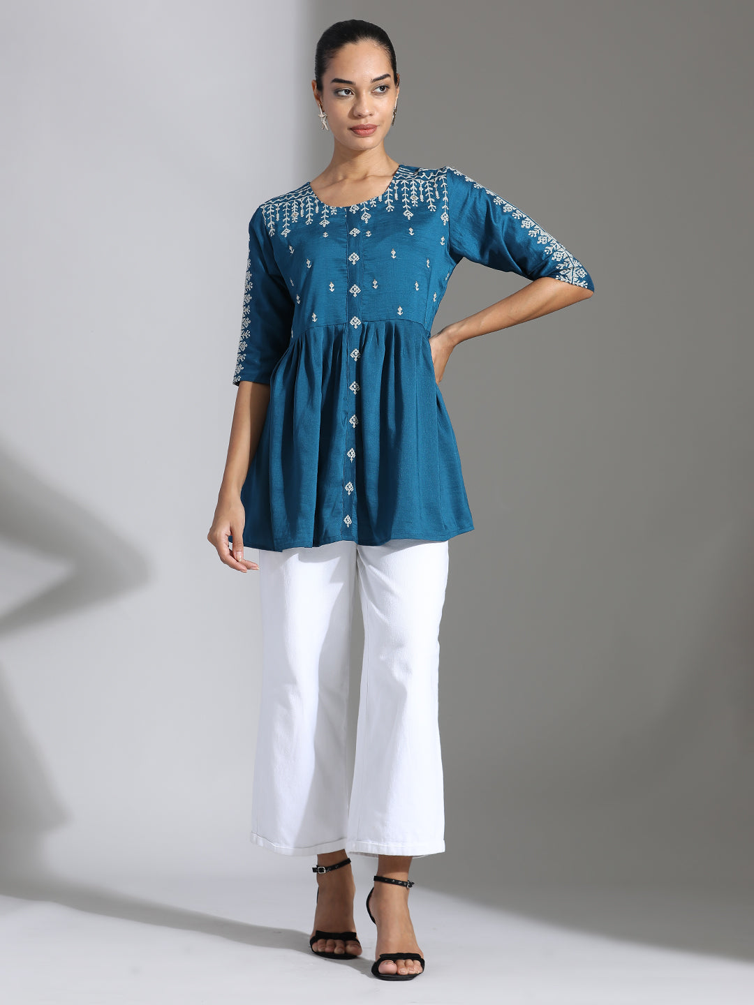 Teal Embroidered Party Wear Peplum Top