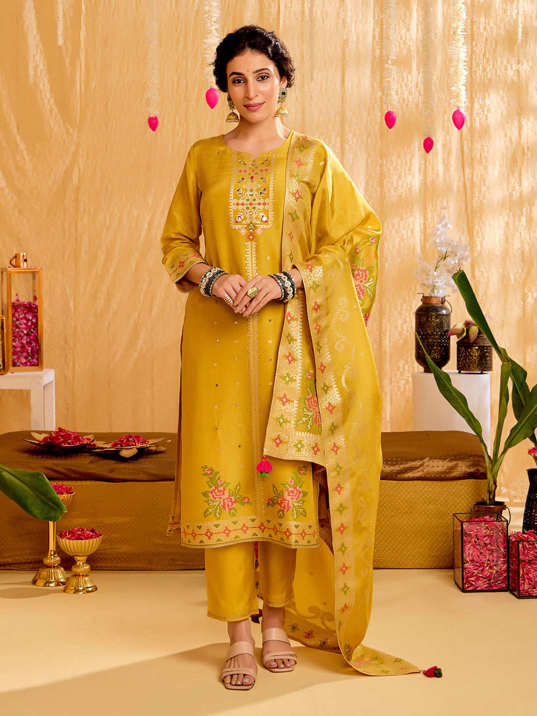 Mustard Jacquard Mirror Work Festive Kurta Set With Dupatta
