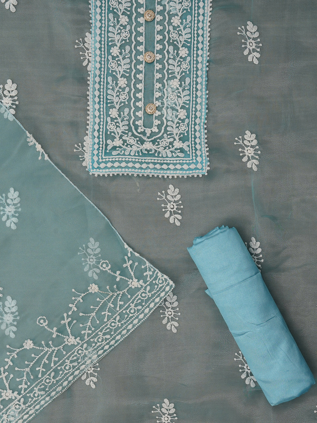 Unstitched Sea Green Embroidered Organza Dress Material With Dupatta