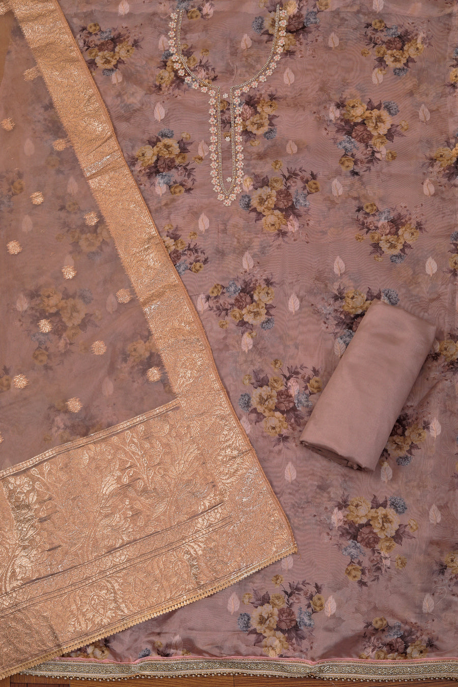 Embellished Woven Design Organza Dress Material With Dupatta