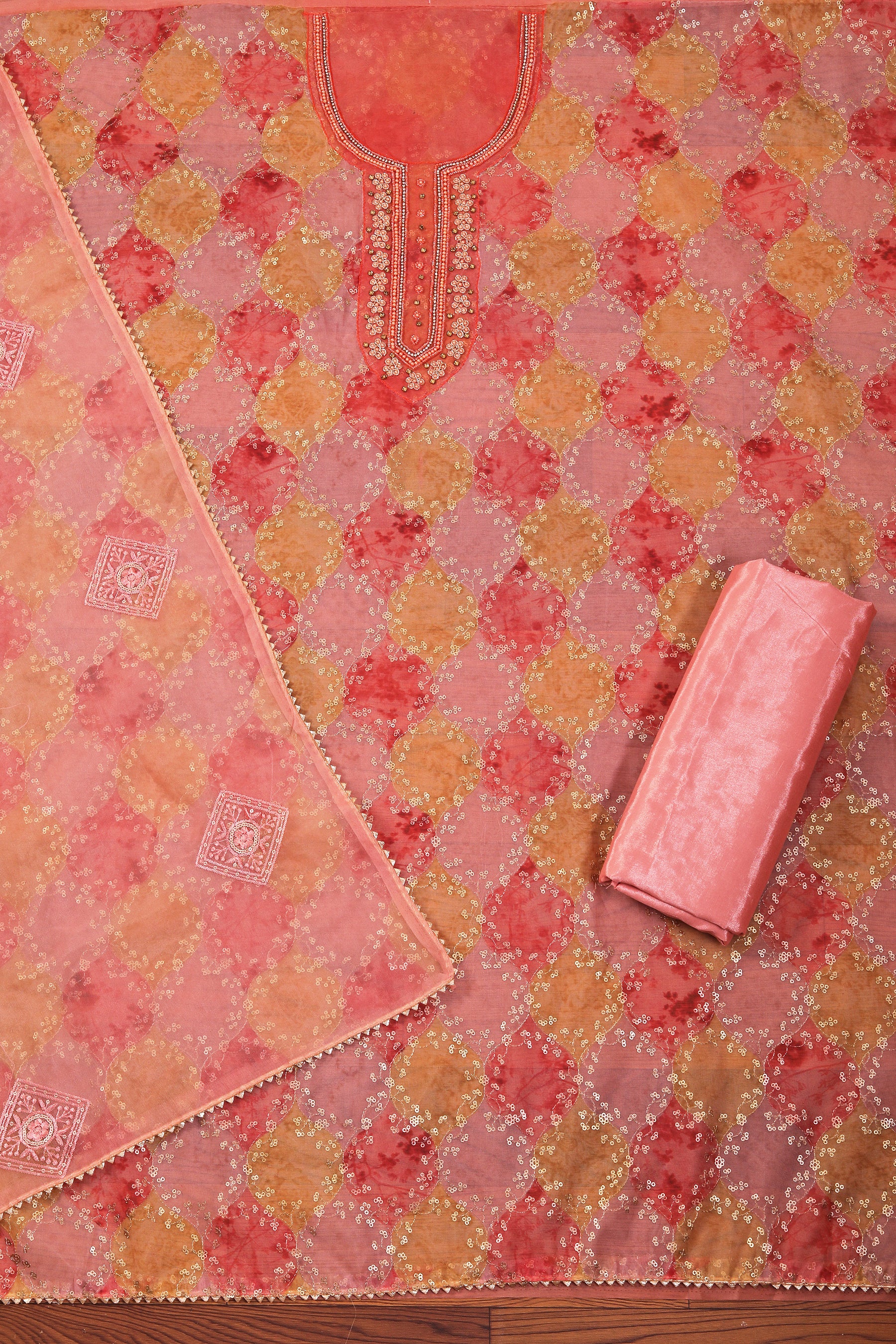 Orange Sequinned Organza Dress Material With Embellished Dupatta