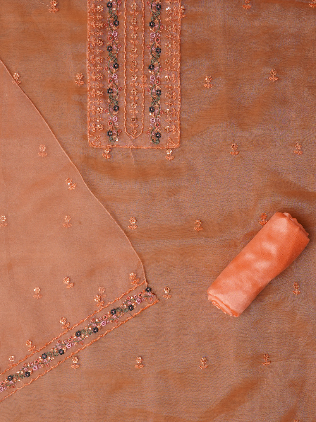 Unstitched Embroidered Orange Organza Dress Material With Dupatta