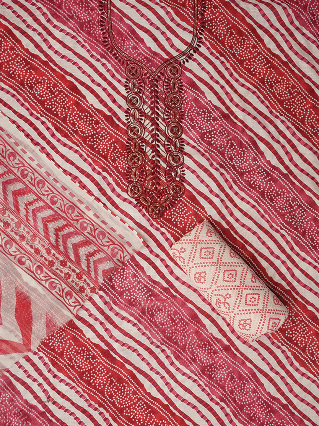 Pink Unstitched Cotton Bandhani Printed Dress Material With Dupatta